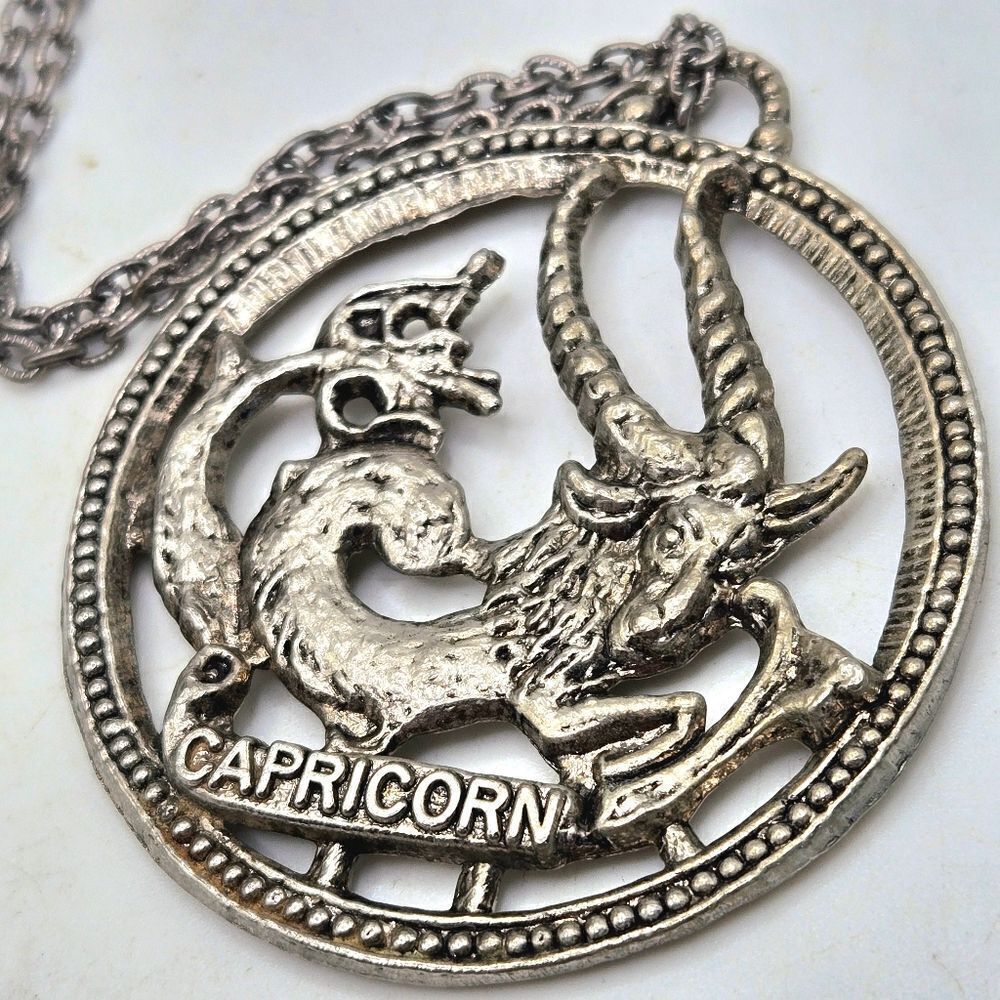 "5/$40" Pewter Finish Capricorn Round Pendant Unisex Chain Necklace